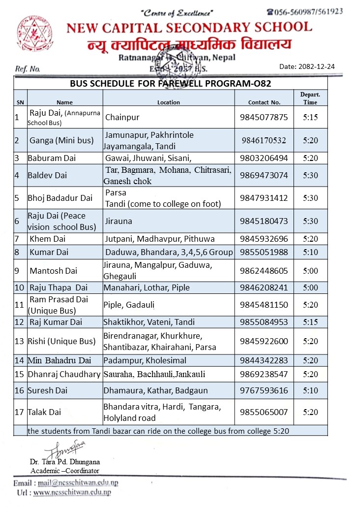 Bus Schedule for Farewell Program 2082